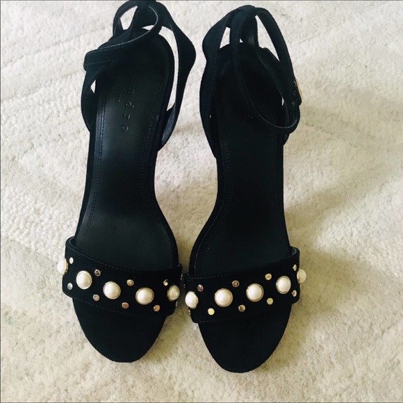 Sandro Nina Pearls Noir Black Suede Heels Size 7.5 - Picture 1 of 12